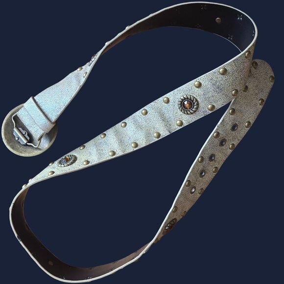 Vintage Boho Studded Hip Belt Round Disc Buckle Size XXL Beige Bronze Rhinestone - Picture 9 of 9